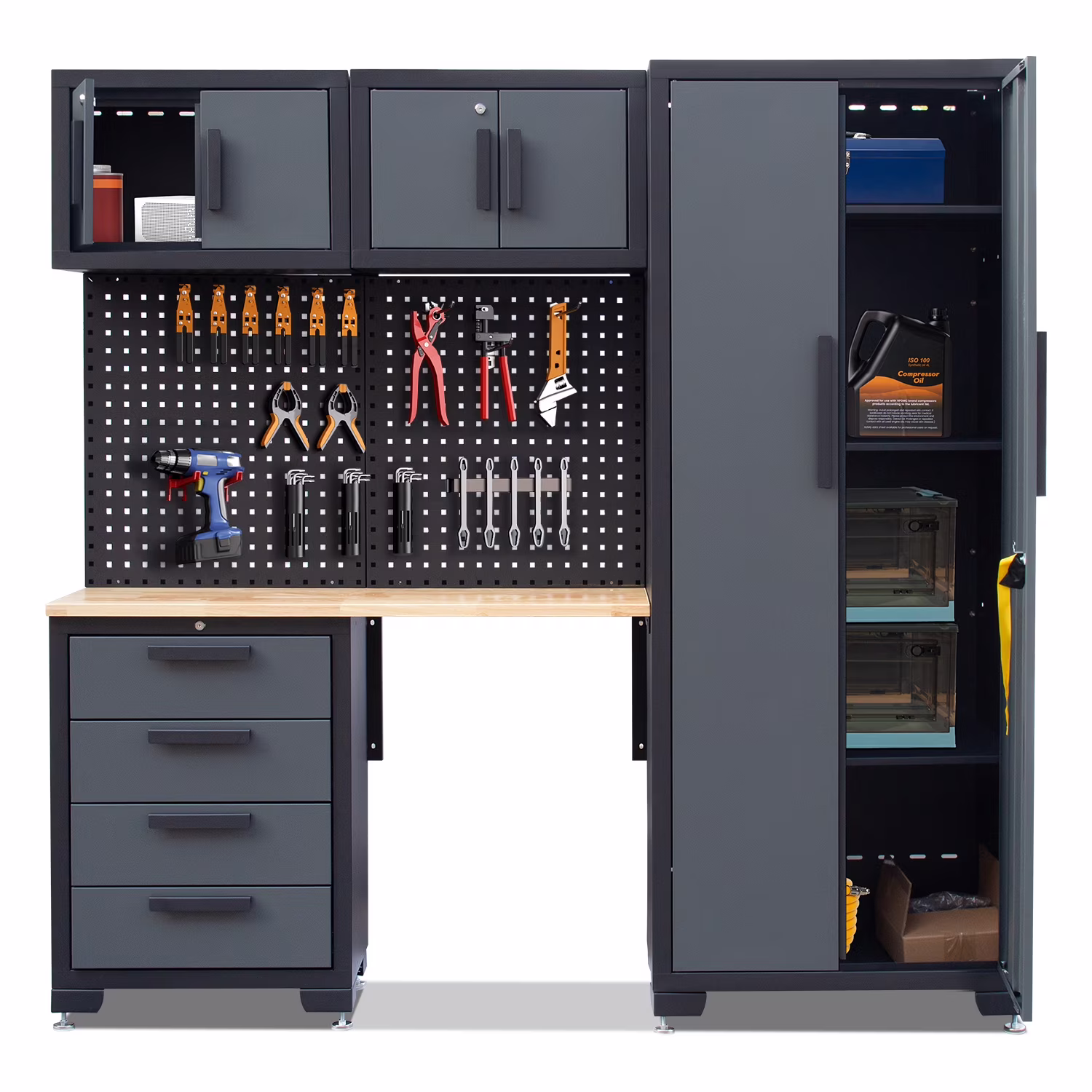 HPDMC 7-Piece Metal Garage Cabinet System With 4-Drawer Roller Cabinet, 47.2 in Workbench And Pegboards