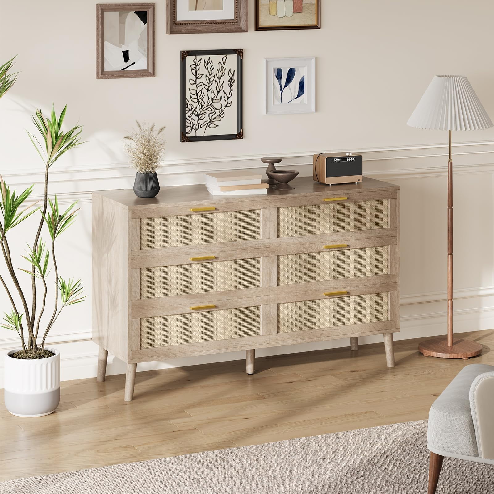 Huloretions 6 Drawer Dresser,Rattan Chest of Dressers,Mid Century Modern Dresser For Closet With Handles,Large Table Top Dresser For Bedroom Living Room Hallway 47.2" x 15.7" x 29.5"