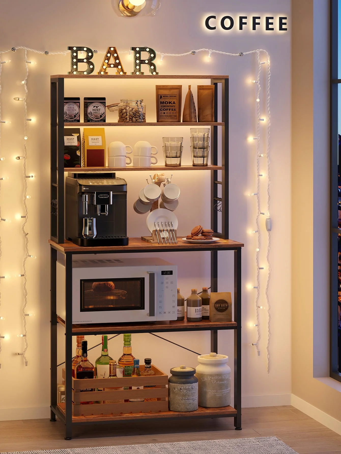 VASAGLE Baker’s Rack Microwave Oven Stand Kitchen Tall Utility Storage Shelf 6 Hooks and Metal Frame Industrial 15.7 x 31.5 x 65.7 Inches Rustic Brown and Black