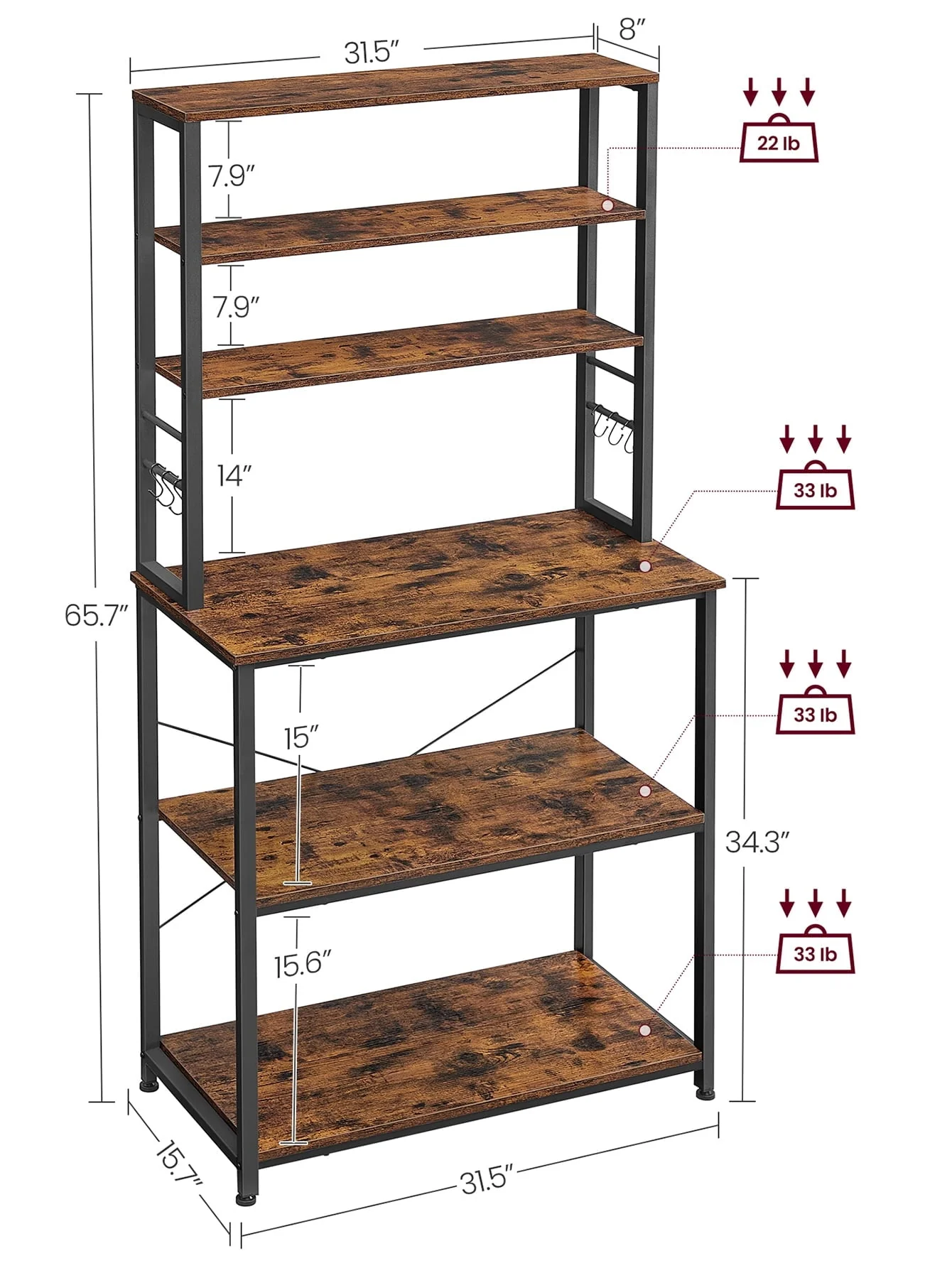 VASAGLE Baker's Rack Microwave Oven Stand Kitchen Tall Utility Storage Shelf 6 Hooks and Metal Frame Industrial 15.7 x 31.5 x 65.7 Inches Rustic Brown and Black