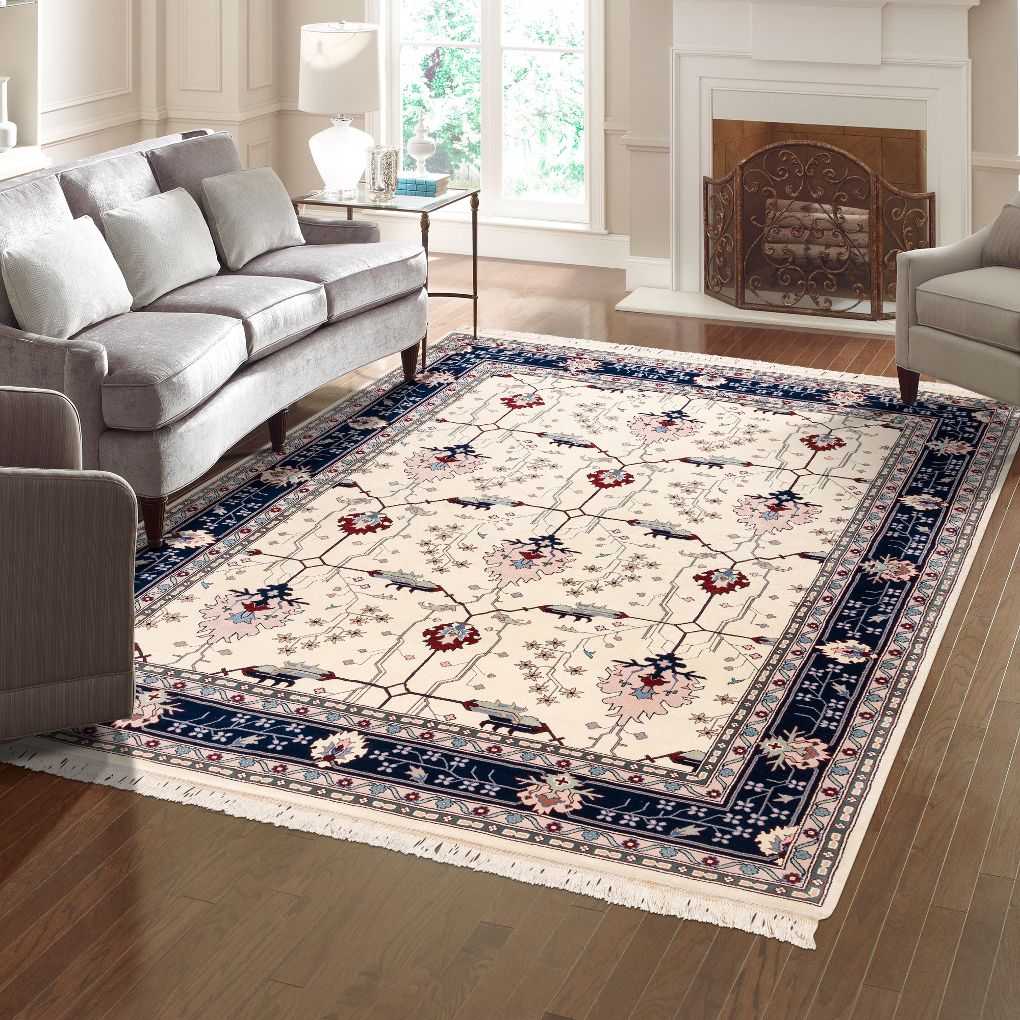 Montacute Hand Knotted Area Rug, Keshan Ivory Navy, 9′ x 12′