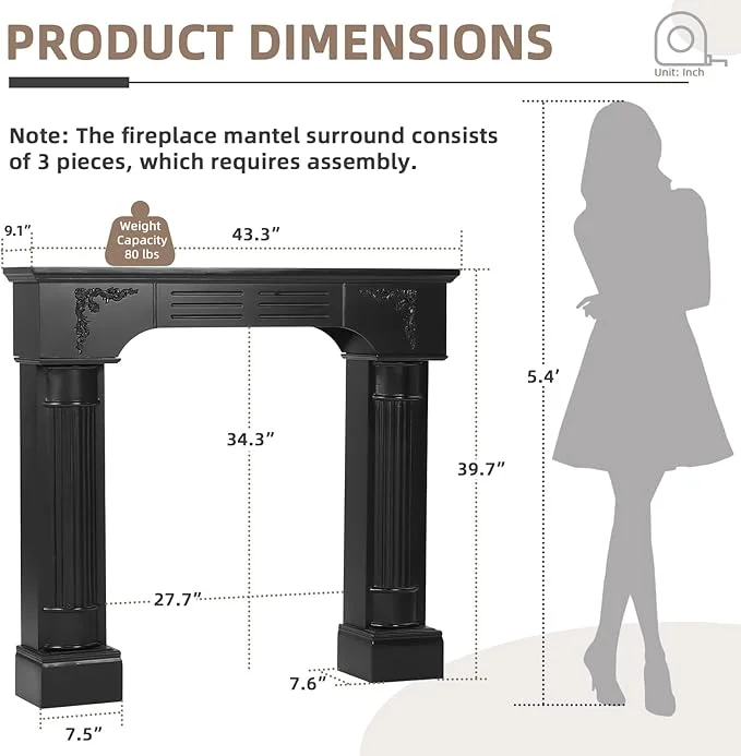EPICOZY 43.3" Fireplace Mantel, Freestanding Fireplace Surround with Leg for Electric Fireplaces, MDF Mantel Surround with Shelf for Living Room with Decorative Pattern, Anti-Tipping & Waterproof