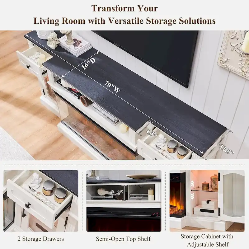 Farmhouse Electric Fireplace TV Stands up to 80, Entertainment Center