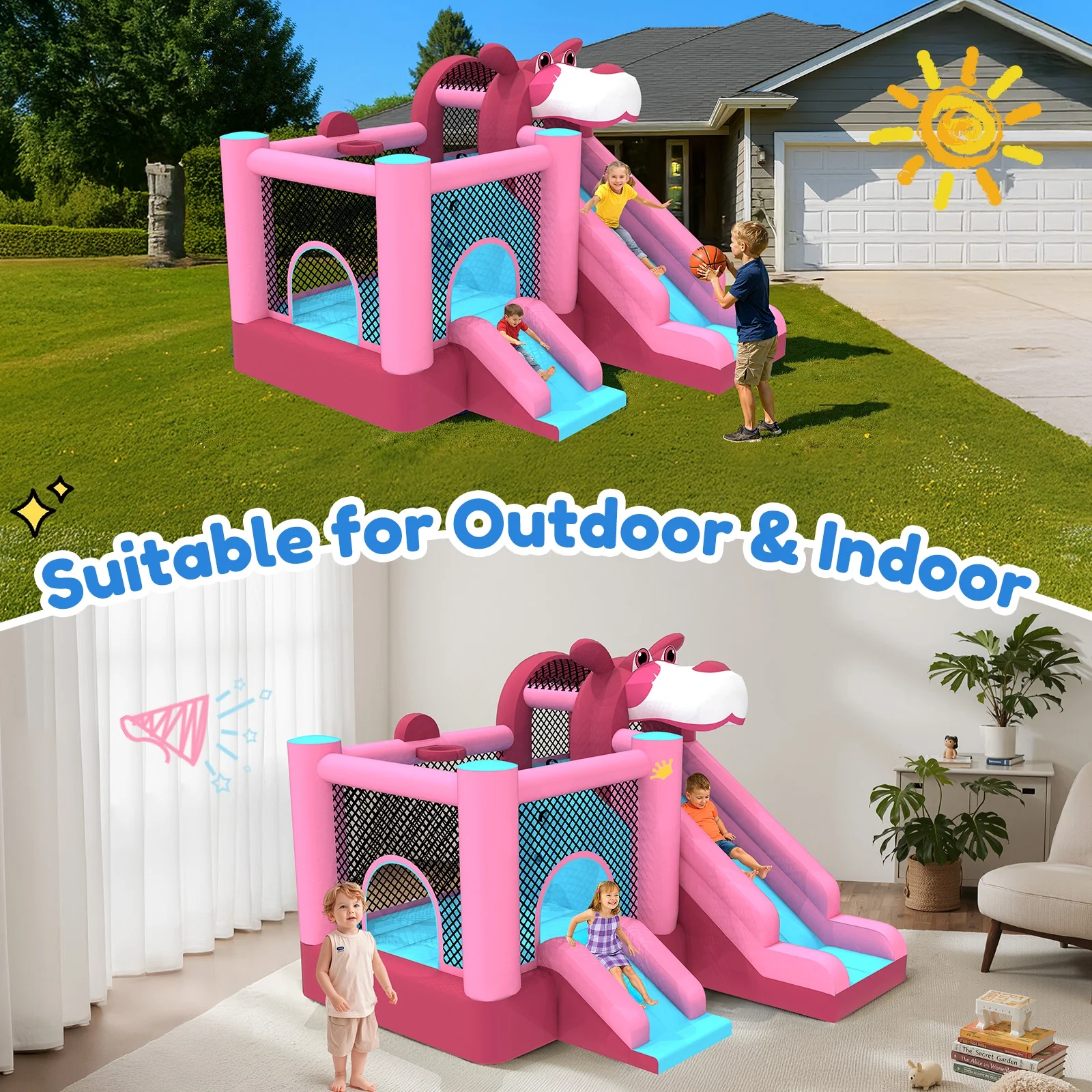 Mukidy 114''x 114'' x 92.5'' Inflatable Bounce Houses for Kids 3-10 with Blower Double Slide and Ball Pit/Indoor Bouncy House, PVC, Child, Teen, Toddler,Blue