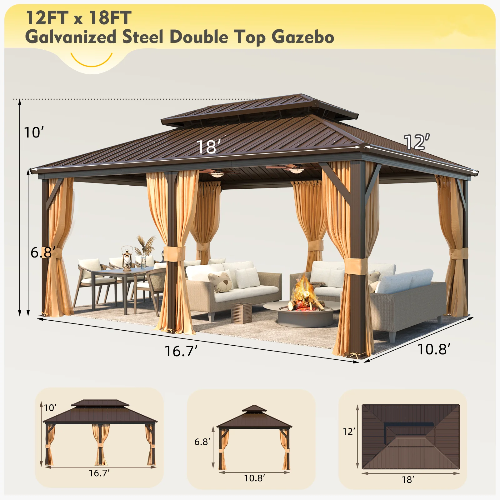 Hommow 10' X 12' Hardtop Gazebo Aluminum Frame Gazebo with Galvanized Steel Double Roof