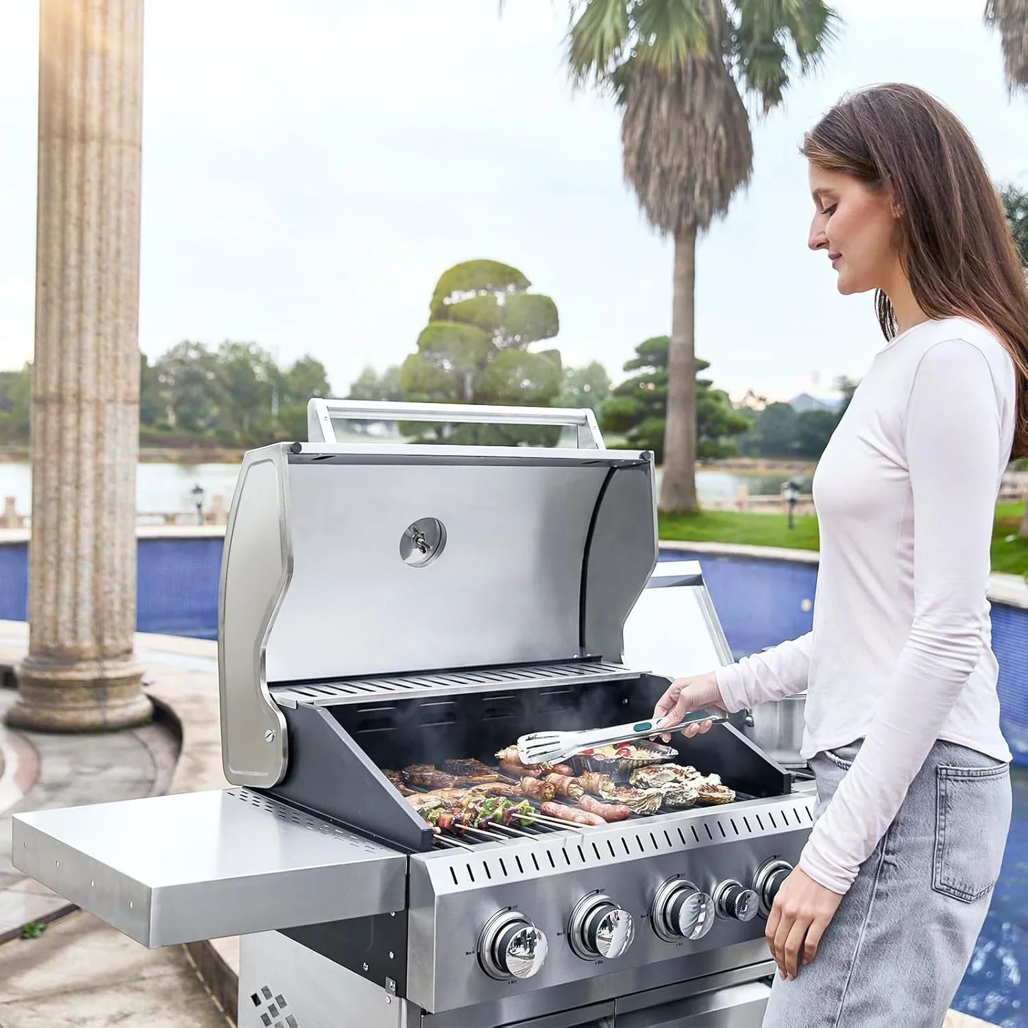 Upgraded 4 Burner BBQ Propane Gas Grill with Cast Iron Grates & Side Stove, 44,000 BTU Stainless Steel Burner Barbecue Grill for Patio, Camping, Outdoor Cooking.