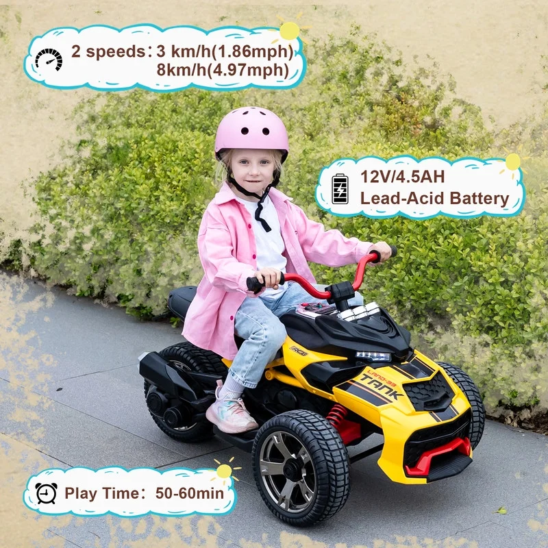 RCB 12V Electric Ride-On,Dual Motors,Music,Up to 5 mph,3 Wheel ATV Style for Kids Ages 3+,Black