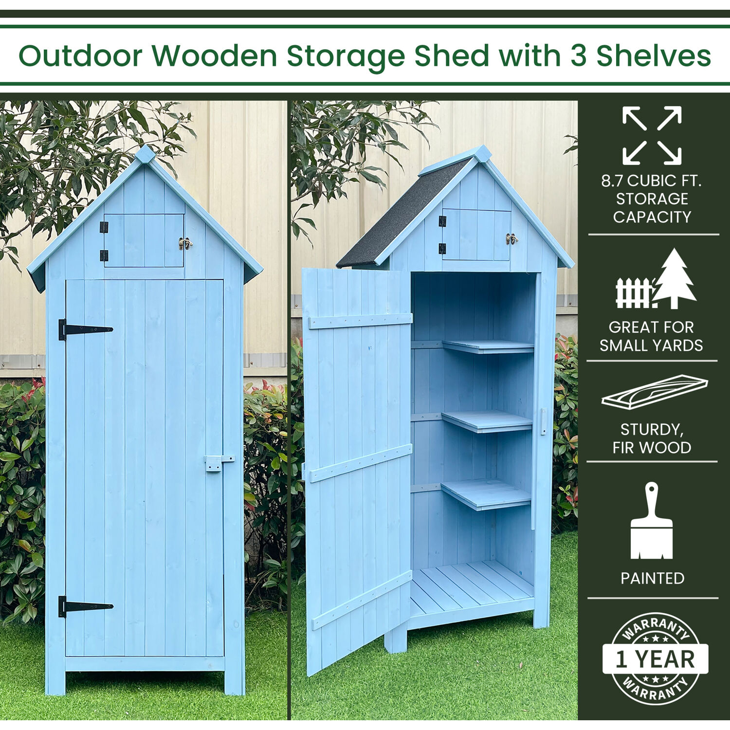 Hanover Sturdy Durable Waterproof Wood Outdoor Vertical Storage Shed, 70.40"x 30.30"x21.30", Blue