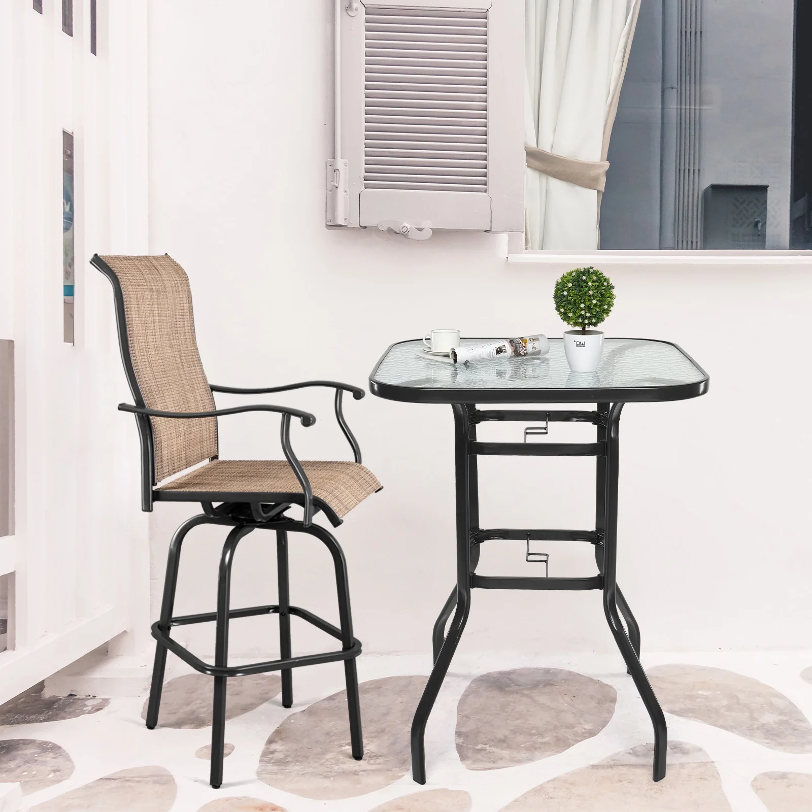 IVV Outdoor Patio Bar Height Bistro Table w/ Tempered Glass Top & 1.8" Umbrella Hole & Metal Frame, 31.5"L x 31.5"W x 39.8"H, Black & Clear