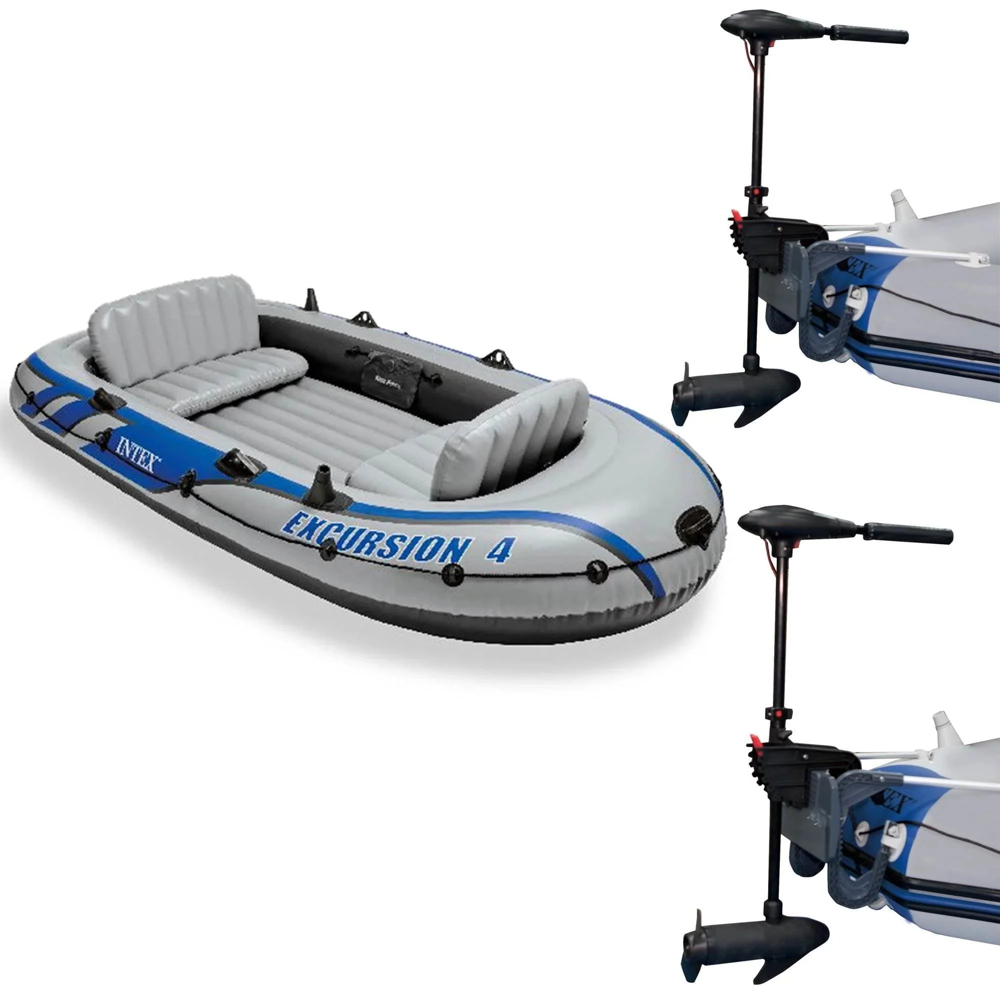 Intex Excursion 4 Inflatable Raft Set With 2 Transom Mount 8 Speed Trolling Motors