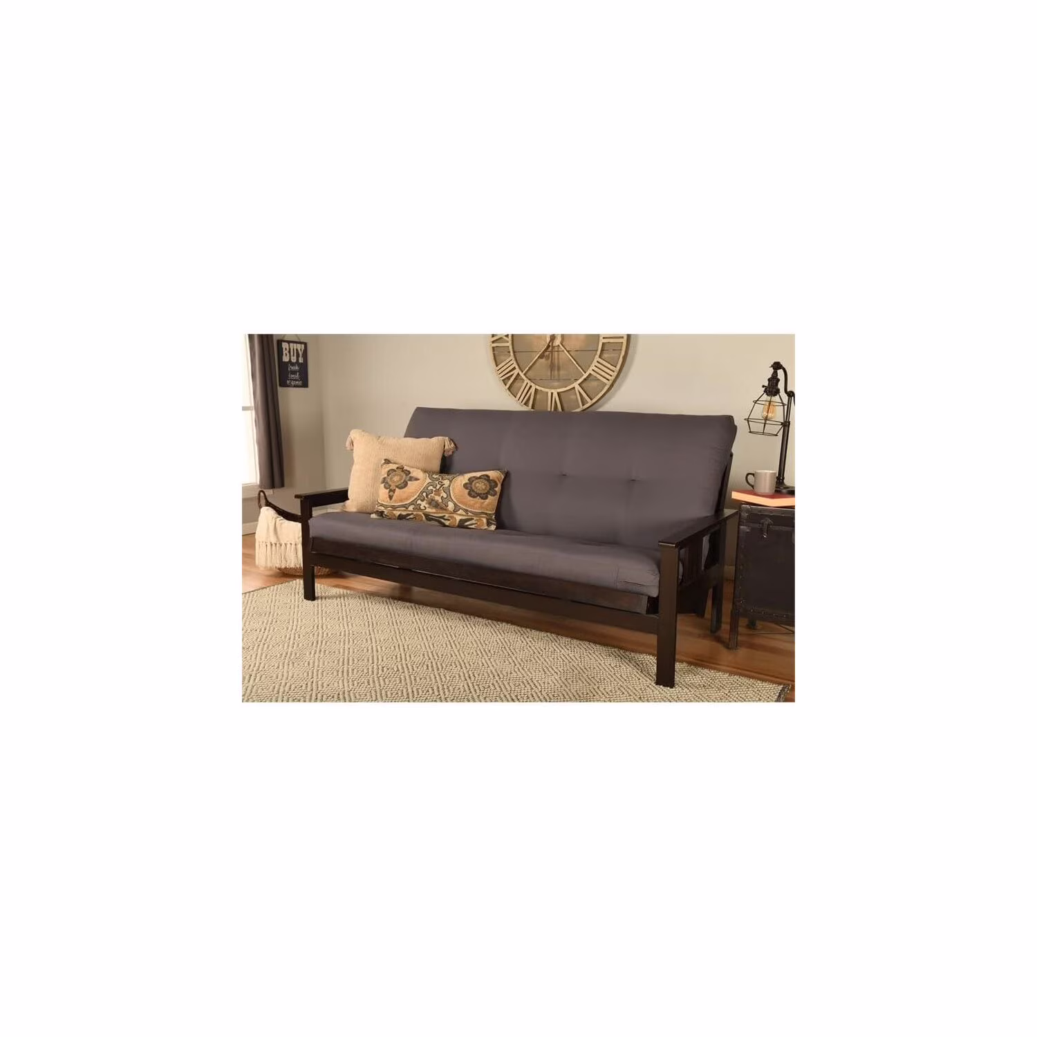 Homestock African Artifacts Full Size Futon Frame Set with Mattress, Easily Converts to Bed, Versatile Design Futon Frame for All Spaces, 33"H x 79"L x 37"D-Color:Linen Charcoal,Size:Barbados