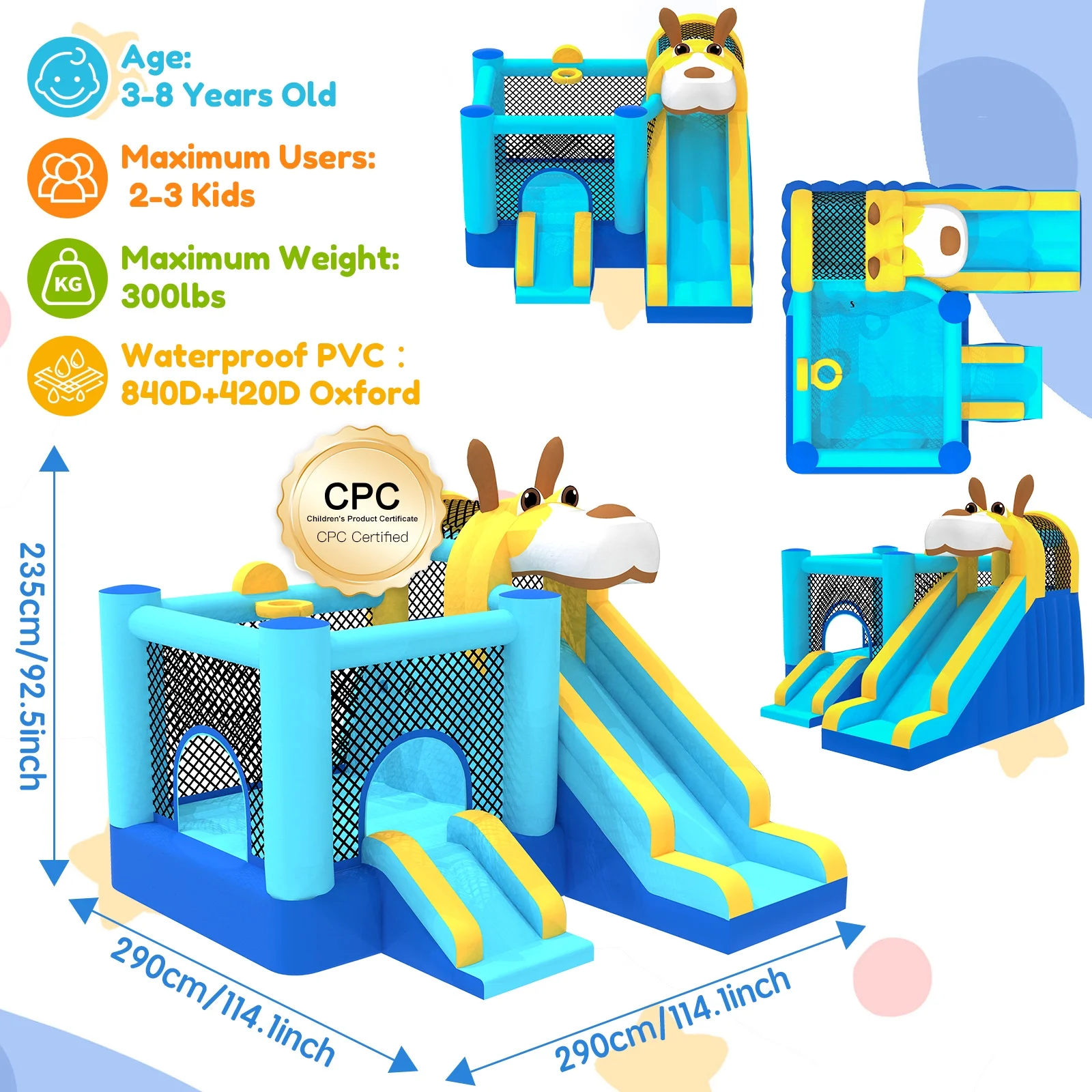 Mukidy 114''x 114'' x 92.5'' Inflatable Bounce Houses for Kids 3-10 with Blower Double Slide and Ball Pit/Indoor Bouncy House, PVC, Child, Teen, Toddler,Blue