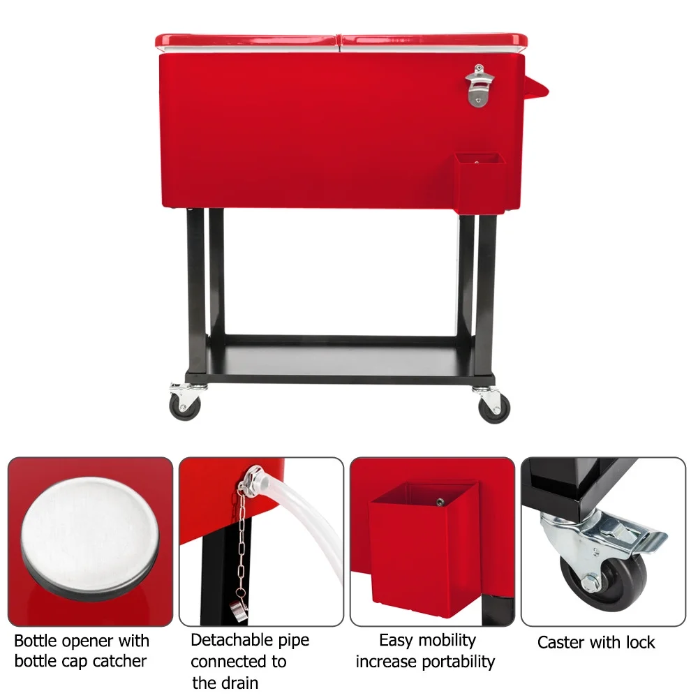80Qt All-In-One Cooler Cart With Bottle Opener, Lower Storage Shelf and Cap Catcher, Outdoor Party Rolling Cooler With Lockable Wheels For Pool Side, Patio, Balcony, Mint(33.07 x 15.16 x 35.83)"
