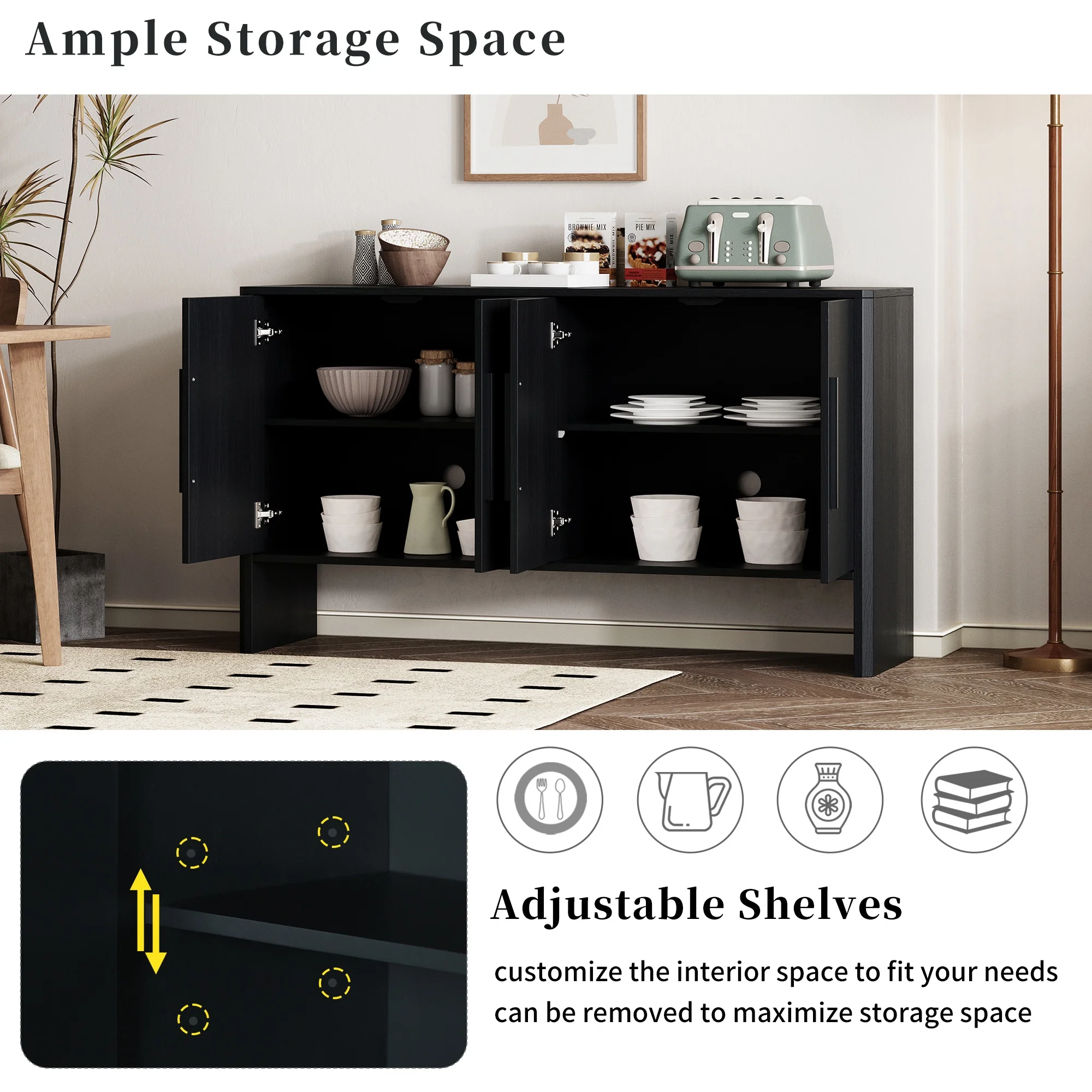 Accent Cabinet with 4 Doors, TUANLUO Buffet Cabinet with Adjustable Shelves, Wood Storage Cabinet, Modern Accent Cabinet Furniture for Hallway Entryway Living Room, 59"L x 15.7"W x 33.2"H, Blue