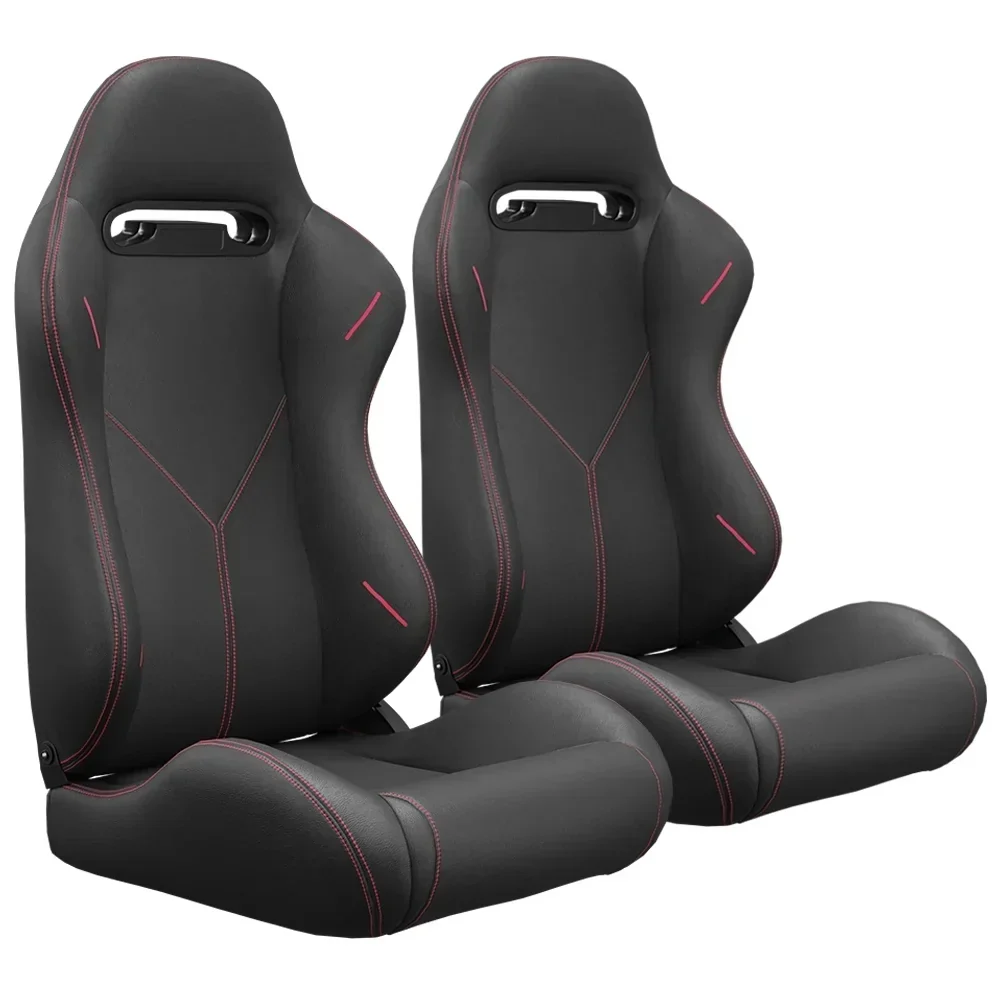 2PC Universal Reclinable Bucket Racing Seats With Adjustor Slider - Red PVC Leather