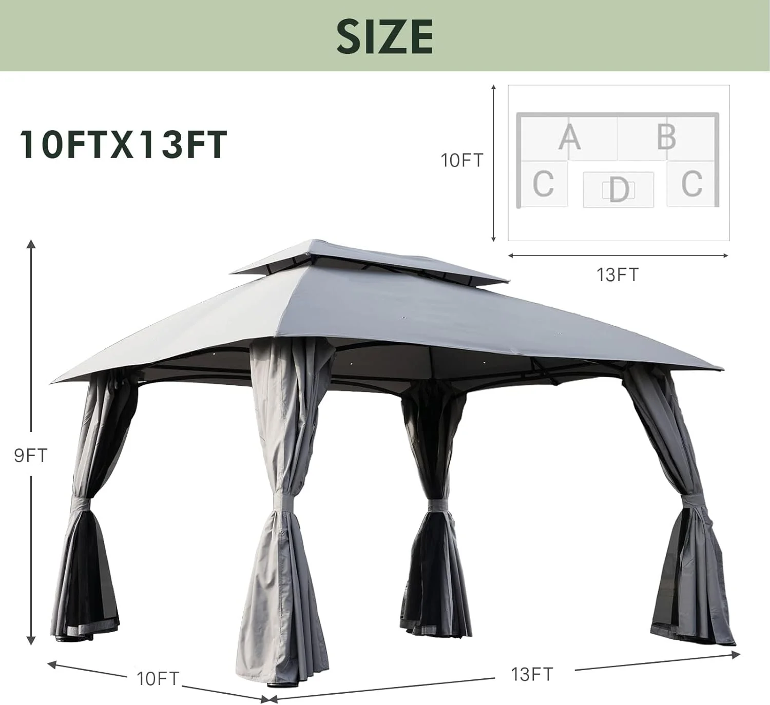 Simenmax 10 x 13 Steel Patio Gazebo, with Mesh Netting and Double Vented Roof
