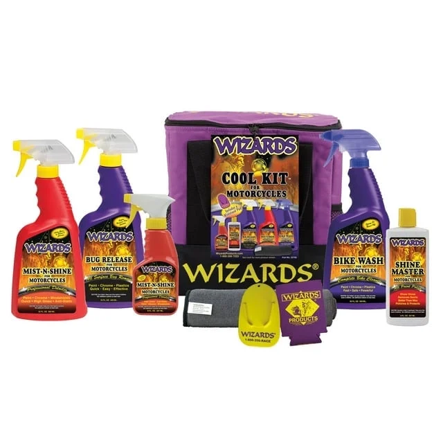 Wizards Motorcycle Cleaner Kits – 8 Piece Motorcycle Cool Kit – Saddlebag Sized Nylon Bag with Mist and Shine, Bug Release, Bike Wash, Shine Master, and Microfiber Cloth – 11 x 7 x 10.5 Inches