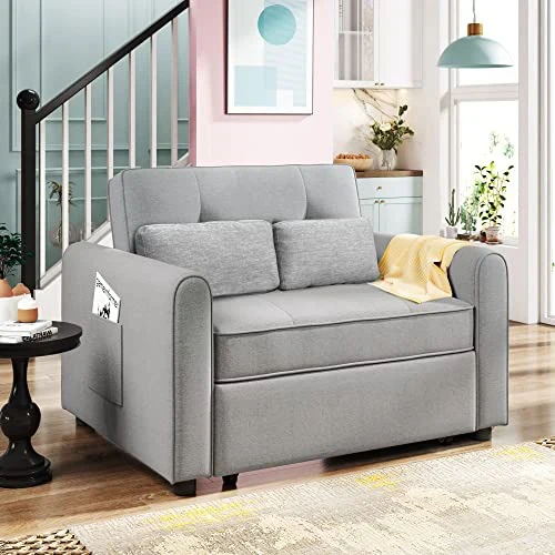 g 488243 Convertible Sleeper Sofa Bed MultiFunctional Adjustable Single Bed Chair with USB Port and 2 Pillows for Small Space Grey